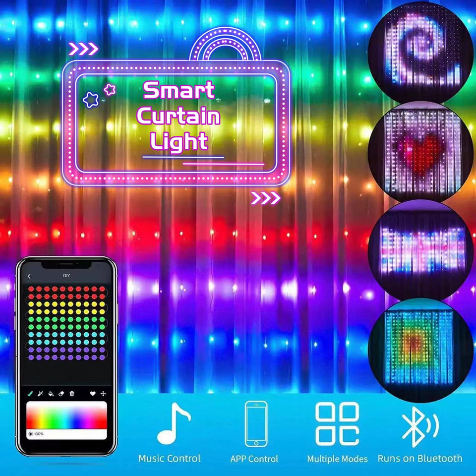 Smart LED RGB Curtain String Lights | Bluetooth APP Control Fairy Lights for Christmas & Party Decor
