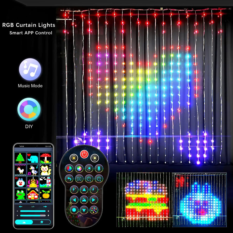 Smart LED RGB Curtain String Lights | Bluetooth APP Control Fairy Lights for Christmas & Party Decor