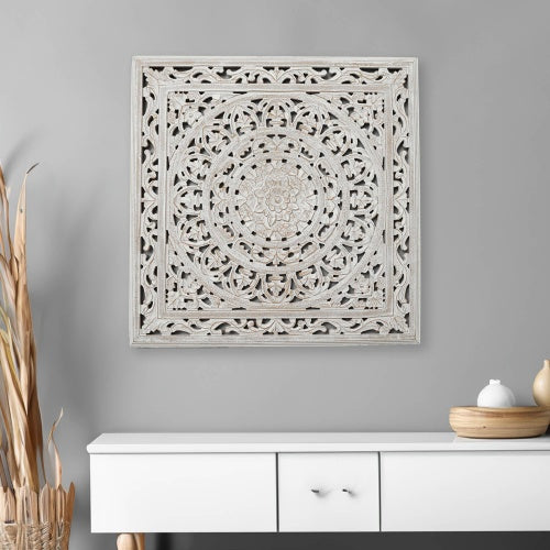 White Square Handcrafted Wooden Wall Decor | Elegant Home Accent